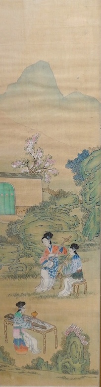 Chinese School, pair of watercolours on silk, Females before landscapes, 80 x 21cm. Condition - fair, some discolouration